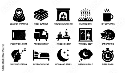 Cozy winter icons collection displaying comfort and warmth essentials