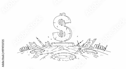 A stone dollar sign stands amidst a war-torn landscape with craters and debris
