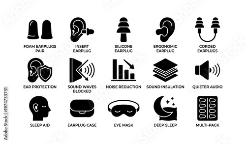 Earplugs and sleep aids icons: foam, silicone, corded, noise reduction, eye mask