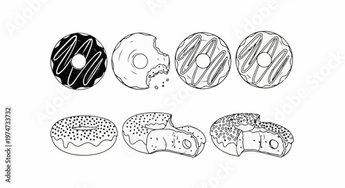 A collection of line drawings featuring various donuts, some whole, some bitten