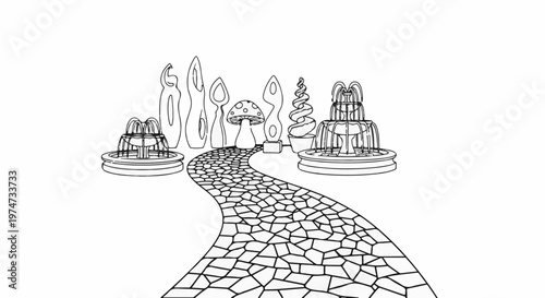 A stone path leads to a whimsical garden with fountains and sculptures