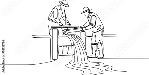 Continuous one line of an irrigation worker opening the water flow, resource management symbol, style hand drawing vector illustration.