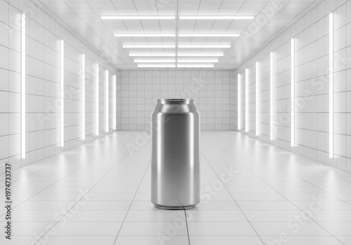 A sleek metallic soda can stands alone in the center of a brightly lit industrial warehouse room