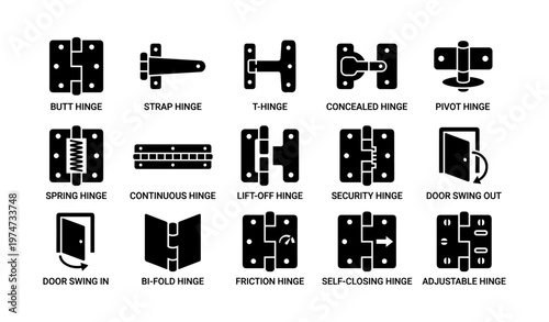 Different types of hinges: butt, strap, t-hinge, concealed, pivot, spring, and more