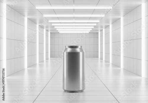 A sleek metallic cylinder stands centered within a long and minimalist white industrial corridor