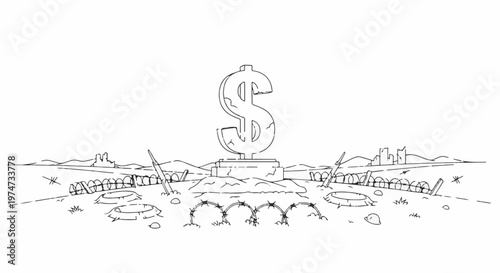 A cracked dollar sign monument stands in a war-torn landscape with barbed wire