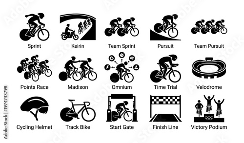 Icon set illustrating various cycling race formats and equipment