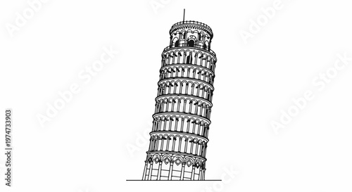A black and white line drawing of a famous leaning tower