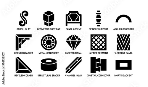 Architectural design elements: slats, caps, panels, supports, and connectors