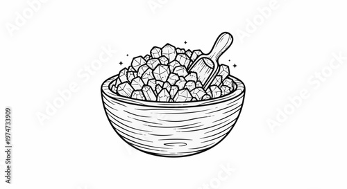 A bowl overflowing with sparkling crystals, a small wooden scoop nestled within