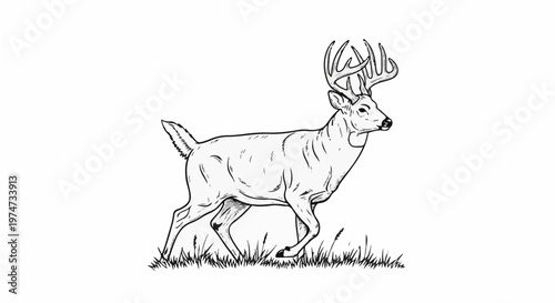 A black and white sketch of a stag with large antlers walking through grass
