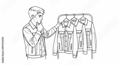 A man contemplates purchasing a denim jacket from a selection