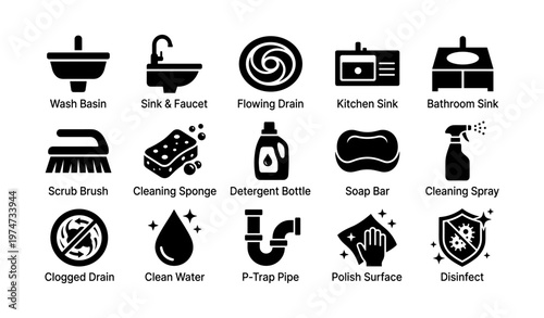 Bathroom and kitchen sink icons with cleaning and maintenance symbols