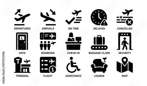 Airport icons: departures, arrivals, security, assistance, and more