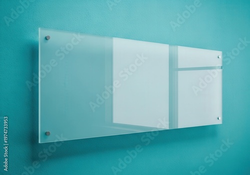 A modern frosted glass whiteboard mounted on a vibrant teal wall for professional office usage.