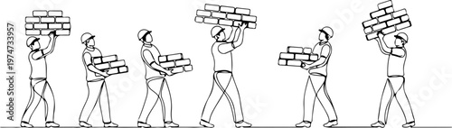 Continuous one line of a construction worker carrying bricks, symbol of strength and endurance, style hand drawing vector illustration.
