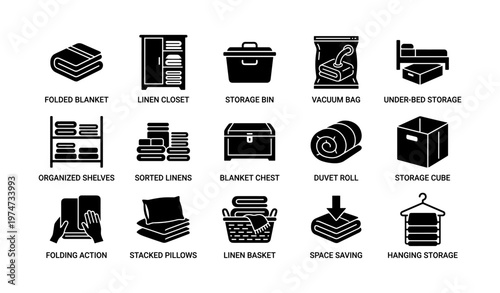 Storage solutions icons: linen, blanket, vacuum bag, duvet roll, storage cube