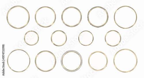 A collection of varied-sized, imperfect circular frames, arranged in rows