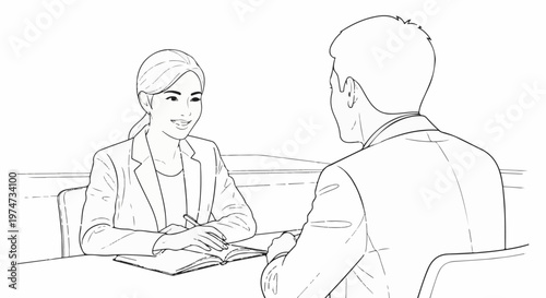 Two people in professional attire converse at a table, one taking notes