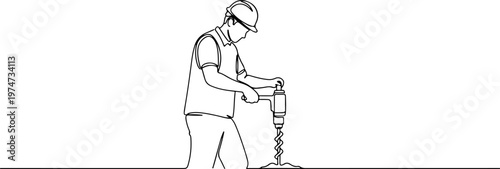 Continuous one line of a worker drilling the ground, exploration and industry symbol, style hand drawing vector illustration.