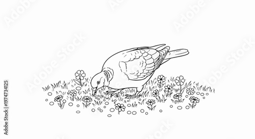 A dove pecks at seeds in a patch of grass with small flowers