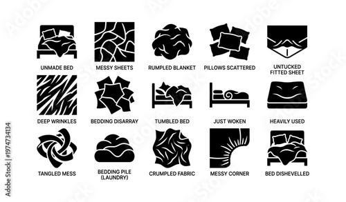 Unmade bed icons depicting messy and disheveled bedding in various styles