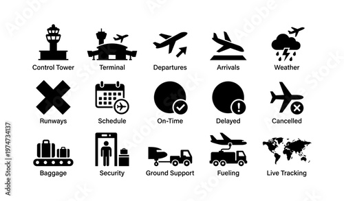 Airport icons set: control tower, terminals, flight status, baggage, security