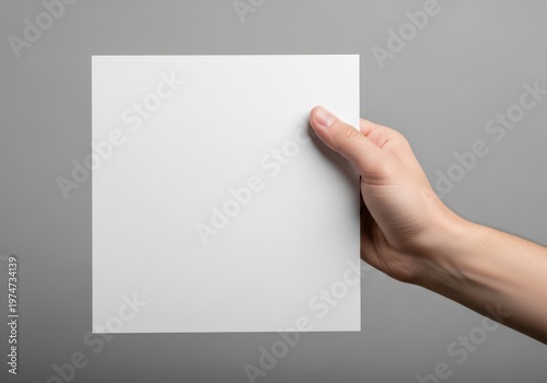 A hand holding a blank square white paper mockup isolated against a neutral light grey background