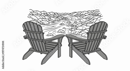 Two chairs face a rocky river scene with a distant horizon
