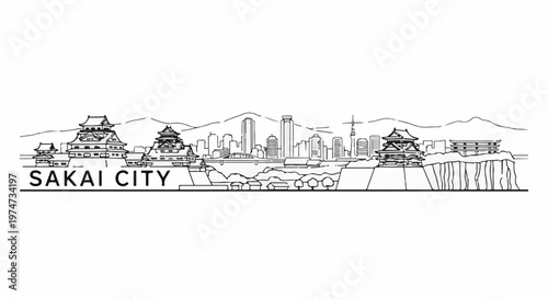 A monochrome sketch of a city skyline featuring traditional architecture