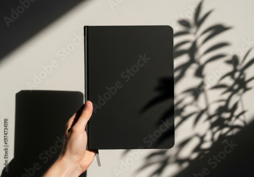 A hand holding a blank black tablet screen with soft plant shadow patterns on a white wall background