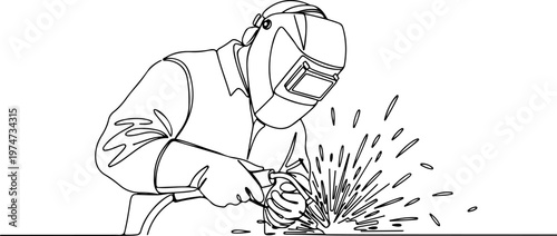 Continuous one line of a welder with sparks, symbolizing industrial skills, style hand drawing vector illustration.