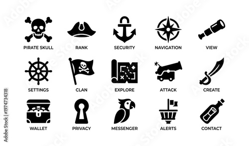 Pirate icon set: skull, anchor, compass, telescope, cannon, sword, parrot, message bottle