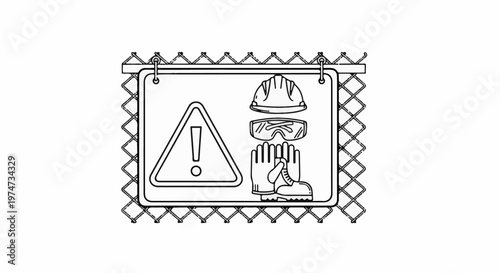 Warning sign with safety gear and caution symbol on fence