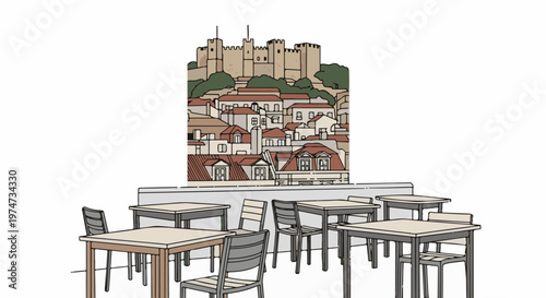 A charming town with a castle overlooks an outdoor cafe seating area