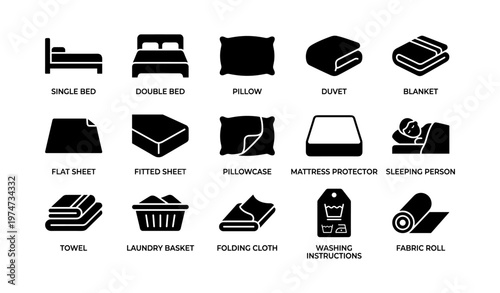 Set of 16 icons: bed types, bedding, laundry, textiles, instructions