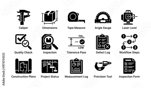 Construction tools and workflow icons: caliper, tape measure, laser level, inspection