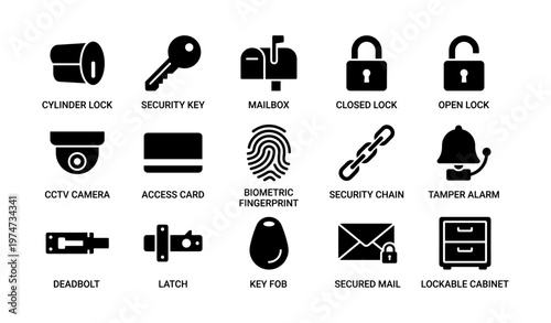 Security icons: locks, keys, and alarm systems collection