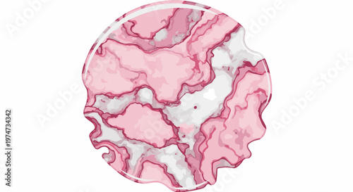 A circular design with swirling patterns of pink and white resembling marble
