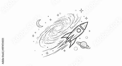 Stylized rocket travels past galaxy, moon, and planets