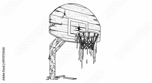 A cracked wooden basketball hoop with a melting net
