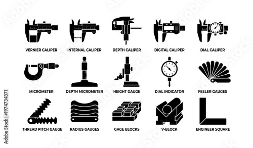 Assorted measuring tools: calipers, gauges, and blocks icons collection