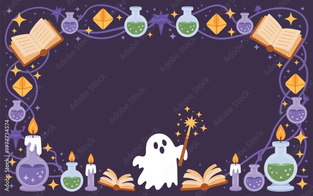 Naklejka premium Halloween purple border with ghost magic wand books potions and candles background element template for text graphic element halloween witchcraft background illustration template decoration