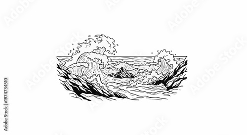 Turbulent ocean waves crashing against rugged rocks under a calm horizon line