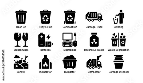 Waste management icons: recycling, hazardous, electronics, composting, segregation