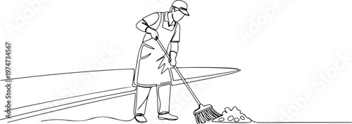 Continuous one line of a janitor sweeping the street, symbol of environmental responsibility, style hand drawing vector illustration.