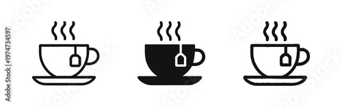 Hot Tea Cup with Teabag Icons Set - Minimalist Beverage Symbol in Outline and Solid Styles