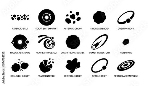 Asteroid classification icons: orbits, impacts, and celestial dynamics