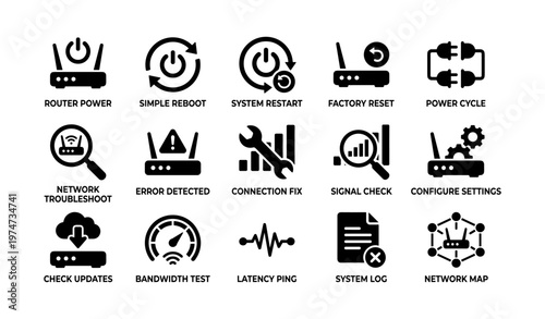 Router icons: network troubleshoot, connection fix, system log, signal check
