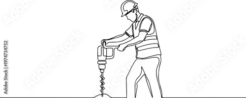 Continuous one line of a worker drilling the ground, exploration and industry symbol, style hand drawing vector illustration.